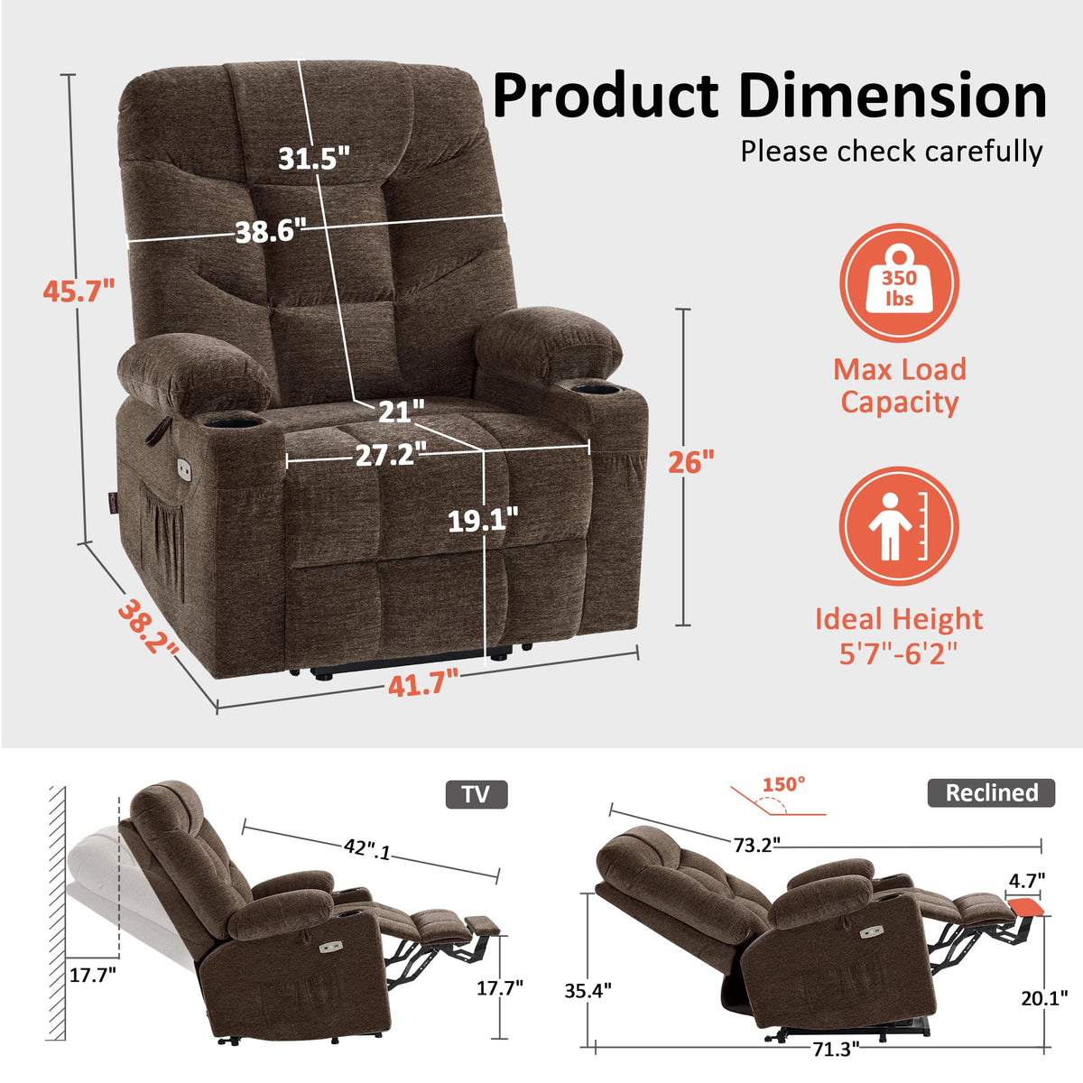 MCombo Power Lift Recliner for Elderly, Fabric 7287 (Light Grey, Medium)