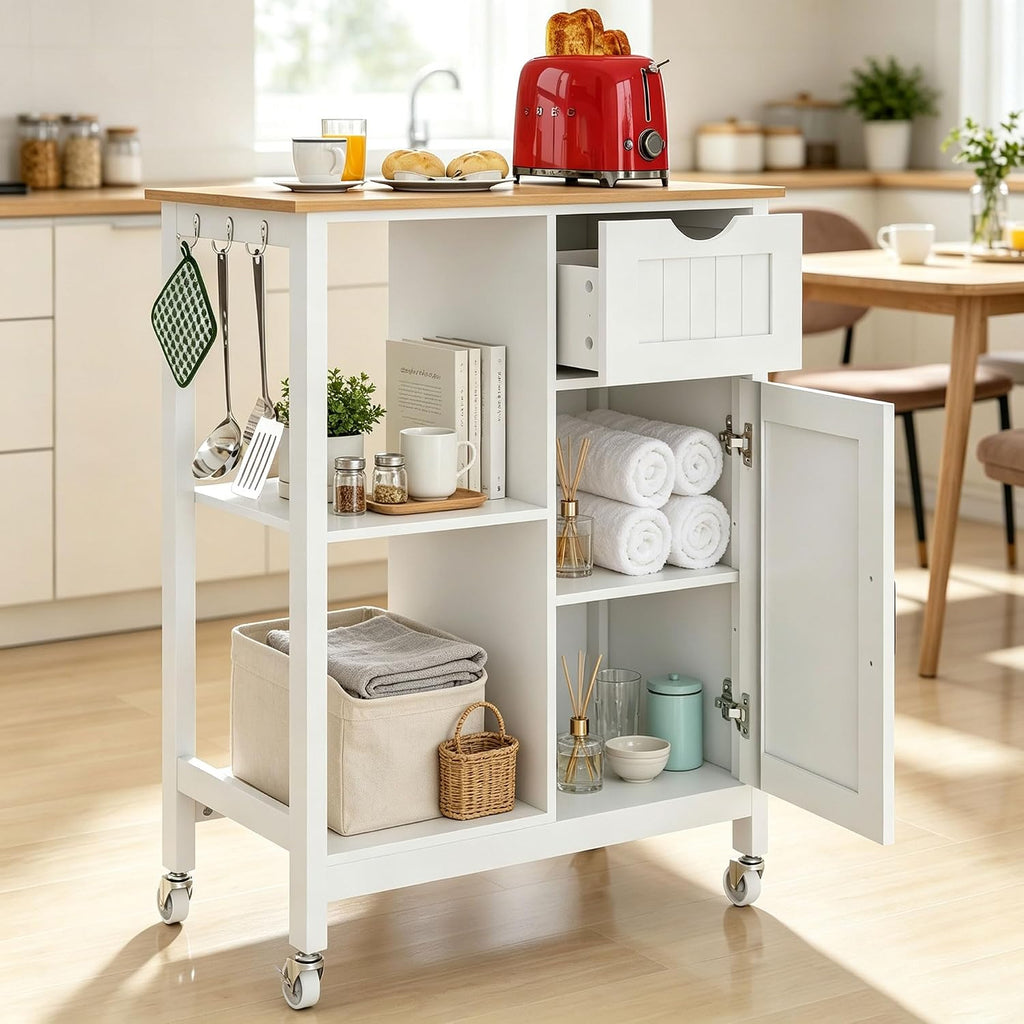 Kitchen Island Cart with Storage Cabinet, Rolling Kitchen Island on Wheels with Drawer, Spice Rack and Towel Rack, Mobile Kitchen Cart with Adjustable Shelf for Dining Room Apartment, White