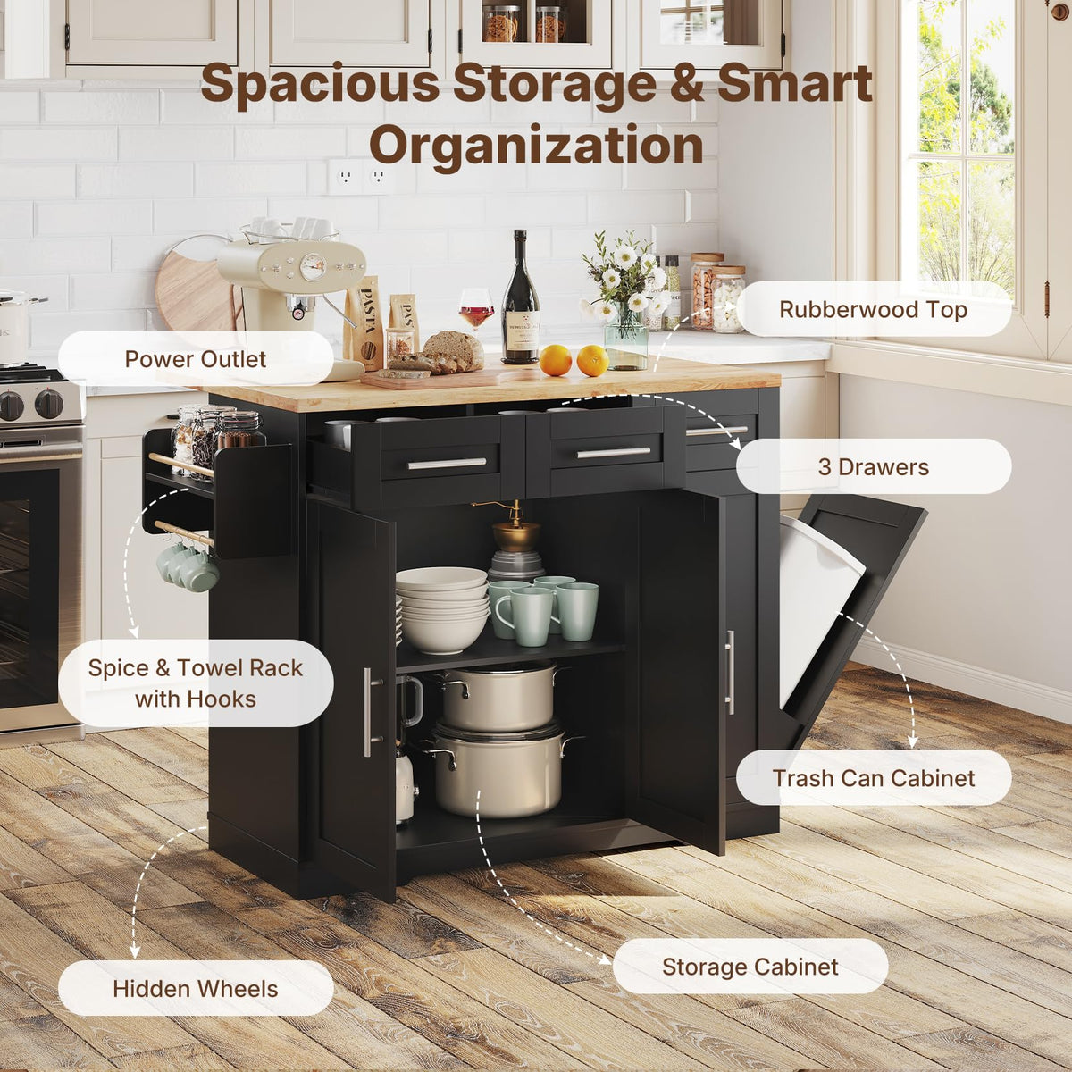Dripex 41.5'' Kitchen Island with Power Outlet, Trash Cabinet & Storage