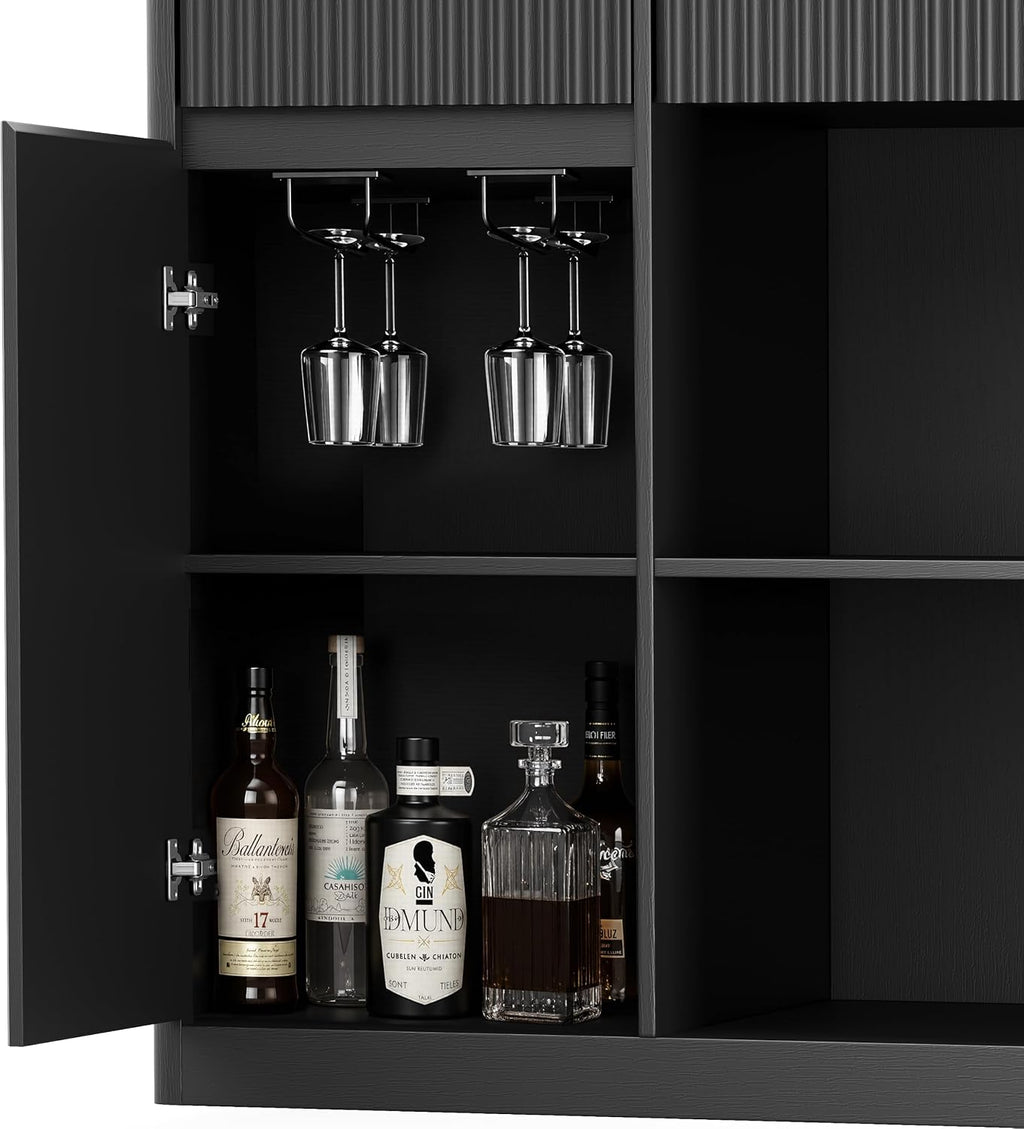 51" L Coffee Wine Bar Cabinet with Fridge Space, Charging Hub, Wine Rack