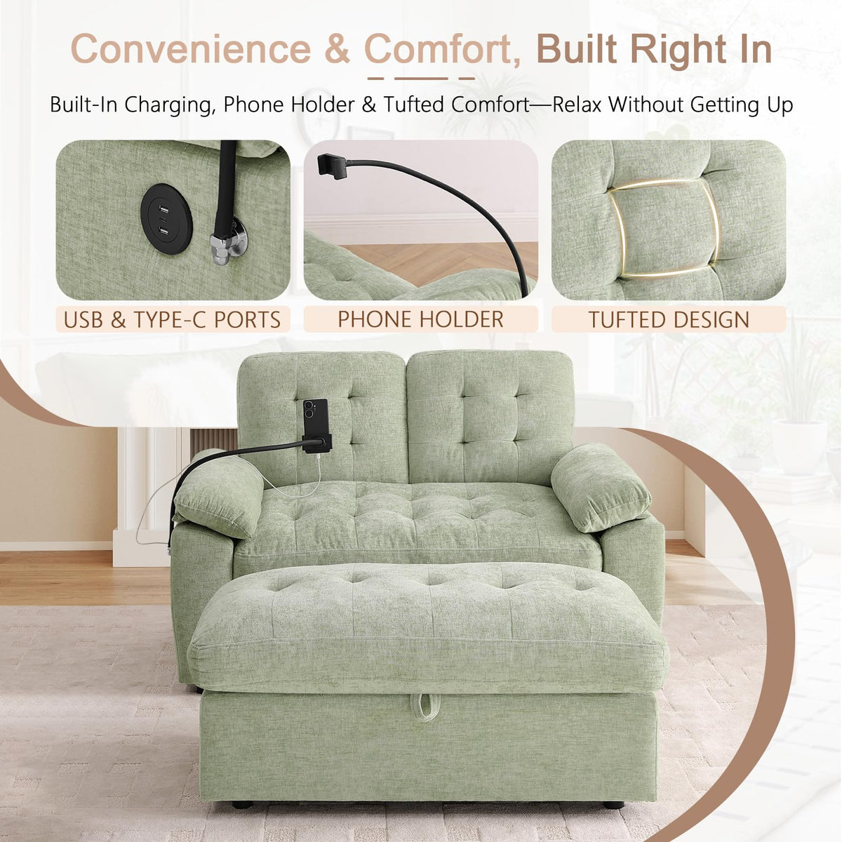 Oversized Chaise Lounge Chair Indoor, Single Convertible Recliner Reading Arm Sofa Chair W/Adjustable Backrest & Charging Port Couch Bed for Living Room, Home Theater & Bedroom, Brown