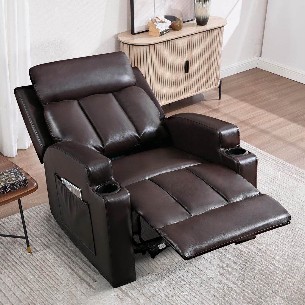 CANMOV Manual Recliner Chair with Massage and Heat, Soft Fabric Recliner Chair with Overstuffed Arm and Back, Manual Reclining Single Sofa with 2 Cup Holders, Side Pocket for Living Room, Dark Grey