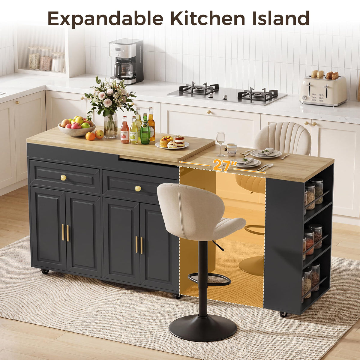 3-in-1 Extendable Kitchen Island with Extendable and Swivel Dining Table