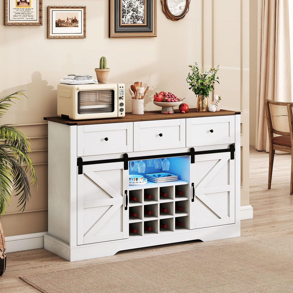 GIANTEX Wine Bar Cabinet with LED Lights, 52" Buffet Sideboard w/Sliding Barn Door, 3 Drawer, Adjustable Shelf, 12 Bottle Wine Rack & Glass Holder, Farmhouse Coffee Station for Living Room