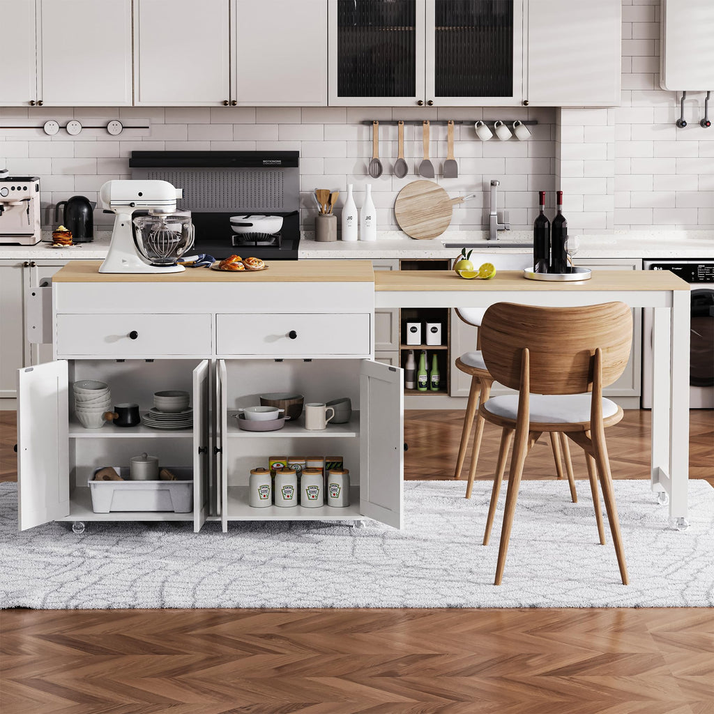 Ball & Cast Kitchen Island with Extendable Dining Table and Power Outlet,82.7" Rolling Kitchen Cart W/ 2 Drawers & 2 Side Open Shelves,Kitchen Table W/Double-Sized Storage,for Dining Room,White