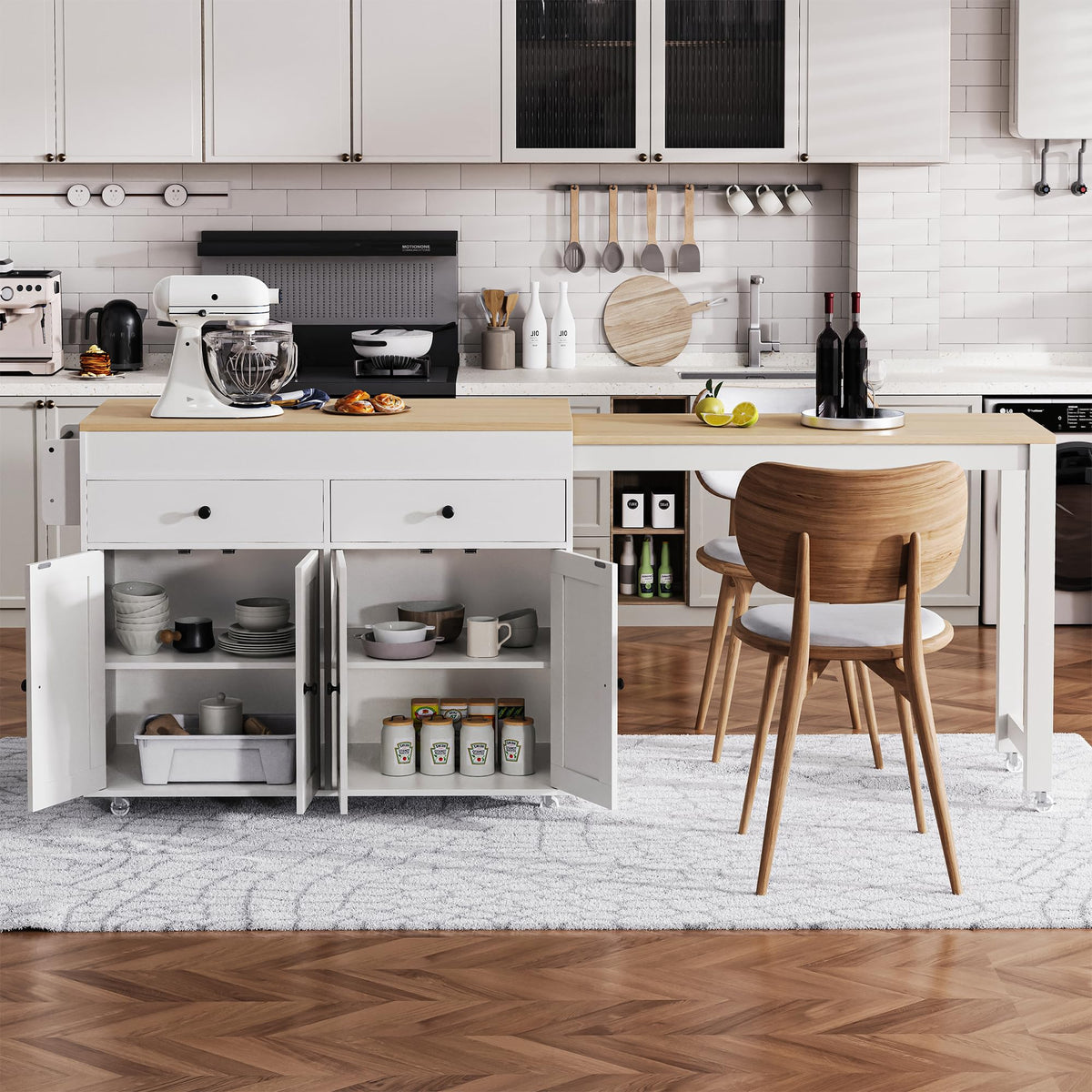 Ball & Cast Kitchen Island with Extendable Dining Table and Power Outlet,82.7" Rolling Kitchen Cart W/ 2 Drawers & 2 Side Open Shelves,Kitchen Table W/Double-Sized Storage,for Dining Room,White