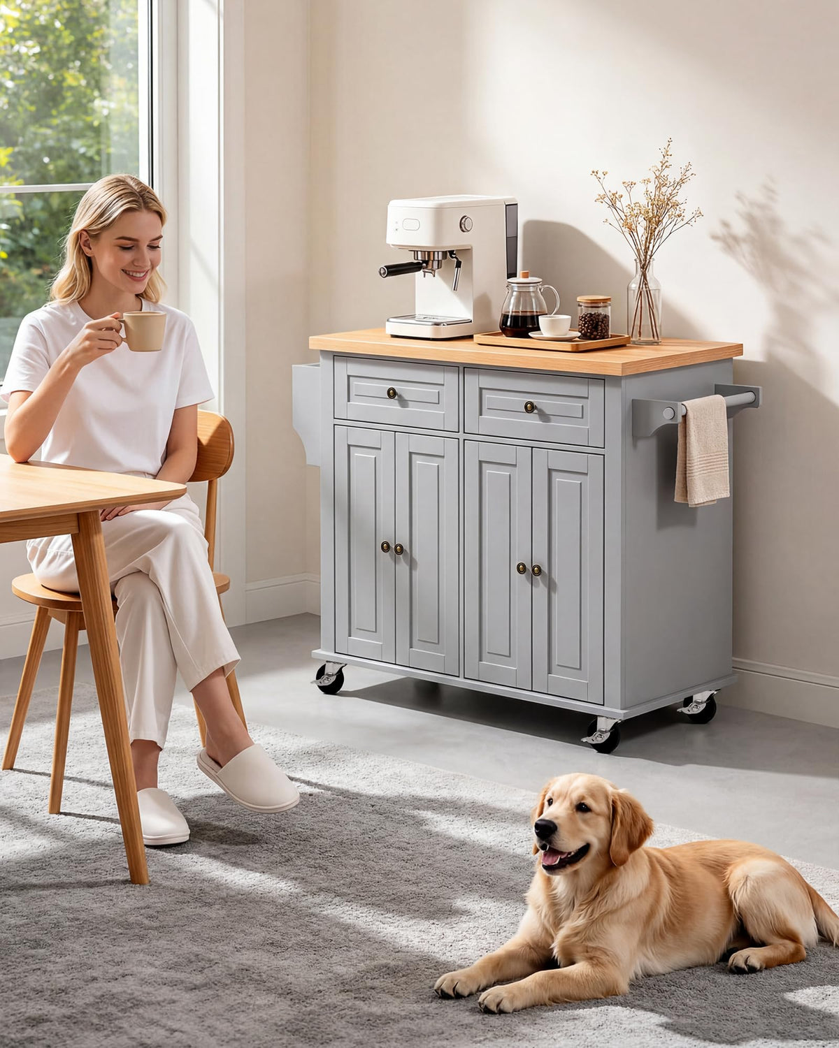 VEVOR Kitchen Island Cart with Storage, 43.58 in Wide Mobile Rolling Storage Island on Swivel Wheels, with 2 Drawers, Storage Cabinet, Drop Leaf, Spice/Towel Rack, Table for Home Dining Room, White