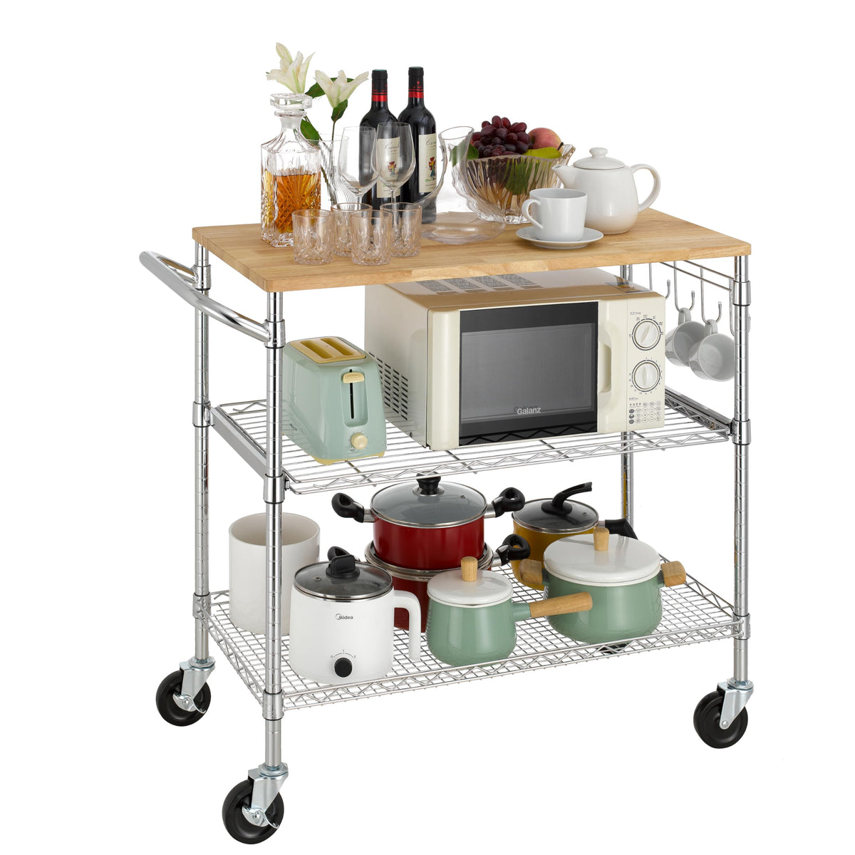 Finnhomy 3-Tier Rolling Kitchen Cart With 18" D x 30" W Oak Wood Tabletop, Kitchen Island With 4" Wheels and Slider Shelf, Microwave & Coffee Cart With Hooks for Dining Room, Chrome