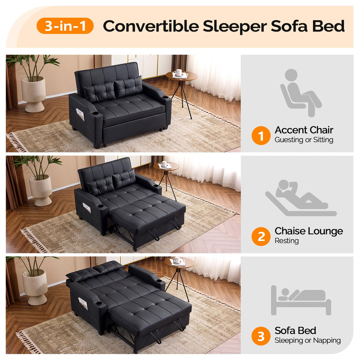VINGLI Light Grey Futon Sofa Bed Convertible Loveseat Sleeper Couch, Faux Leather Pullout Sofa Fold Out Couch Bed with USB Ports, Cup Holders, Armrest for Living Room, Bedroom Apartment Room