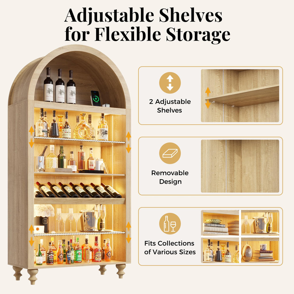 71" Tall Arched Wine Bar Cabinet with Wine Racks & Glass Holder, Wide Liquor Cabinets with LED Lights & Charing Ports, Kitchen Pantry Cupboard, Coffee Bar Storage Cabinet for Home, Dining Room (Oak)