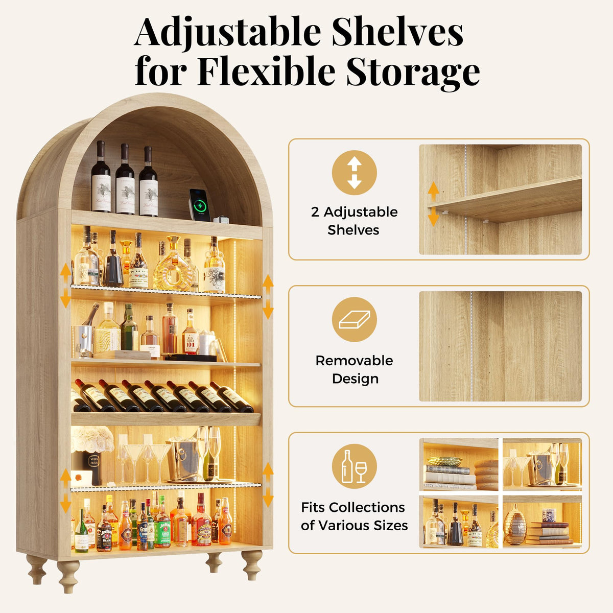 71" Tall Arched Wine Bar Cabinet with Wine Racks & Glass Holder, Wide Liquor Cabinets with LED Lights & Charing Ports, Kitchen Pantry Cupboard, Coffee Bar Storage Cabinet for Home, Dining Room (Oak)