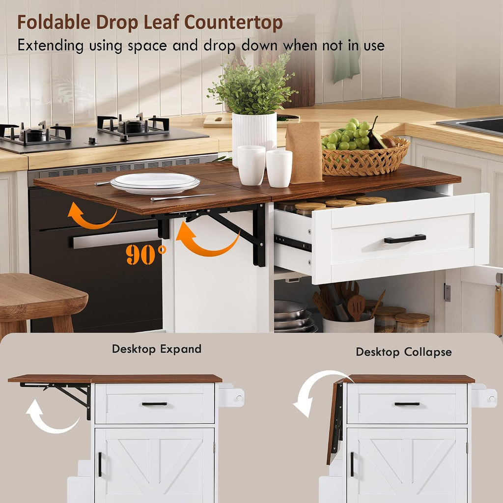 39.3"Farmhouse Kitchen Island with Open Side Rack and Drop Leaf and,Small Kitchen Rolling Cart with Drawer and Storage Cabinet, Narrow Mobile Dining Table with Lockable Wheels and Towel Rack White