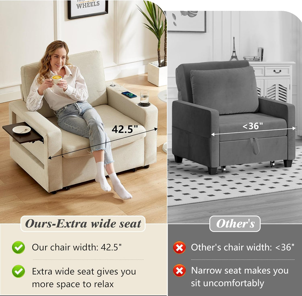 WEUP 3-in-1 Sleeper Sofa Chair Bed, 42.5" W Convertible Sleeper Chair with Pull Out Bed, USB Charging Ports & Wing Table, Cup Holder, Adjustable Backrest, Side Pockets (Premium, Beige)