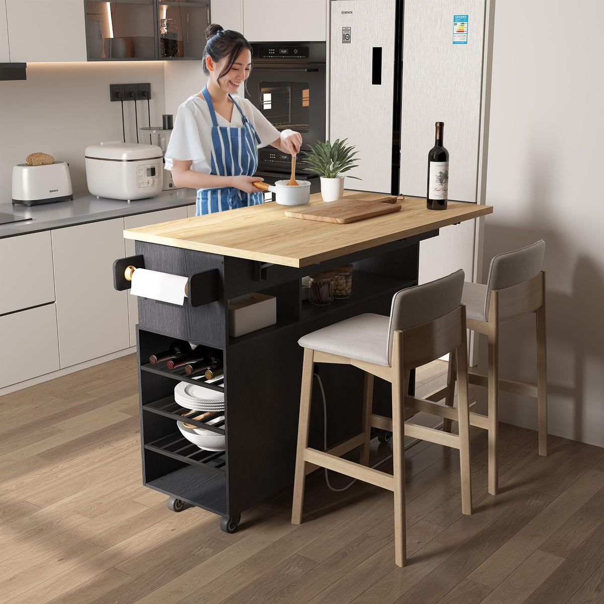 ASTRONAPE Rolling Kitchen Island Cart with Storage, Mobile Kitchen Island with Power Outlet, Large Wood Top, Drawers & Cabinets for Dining Room (White, Model 1)
