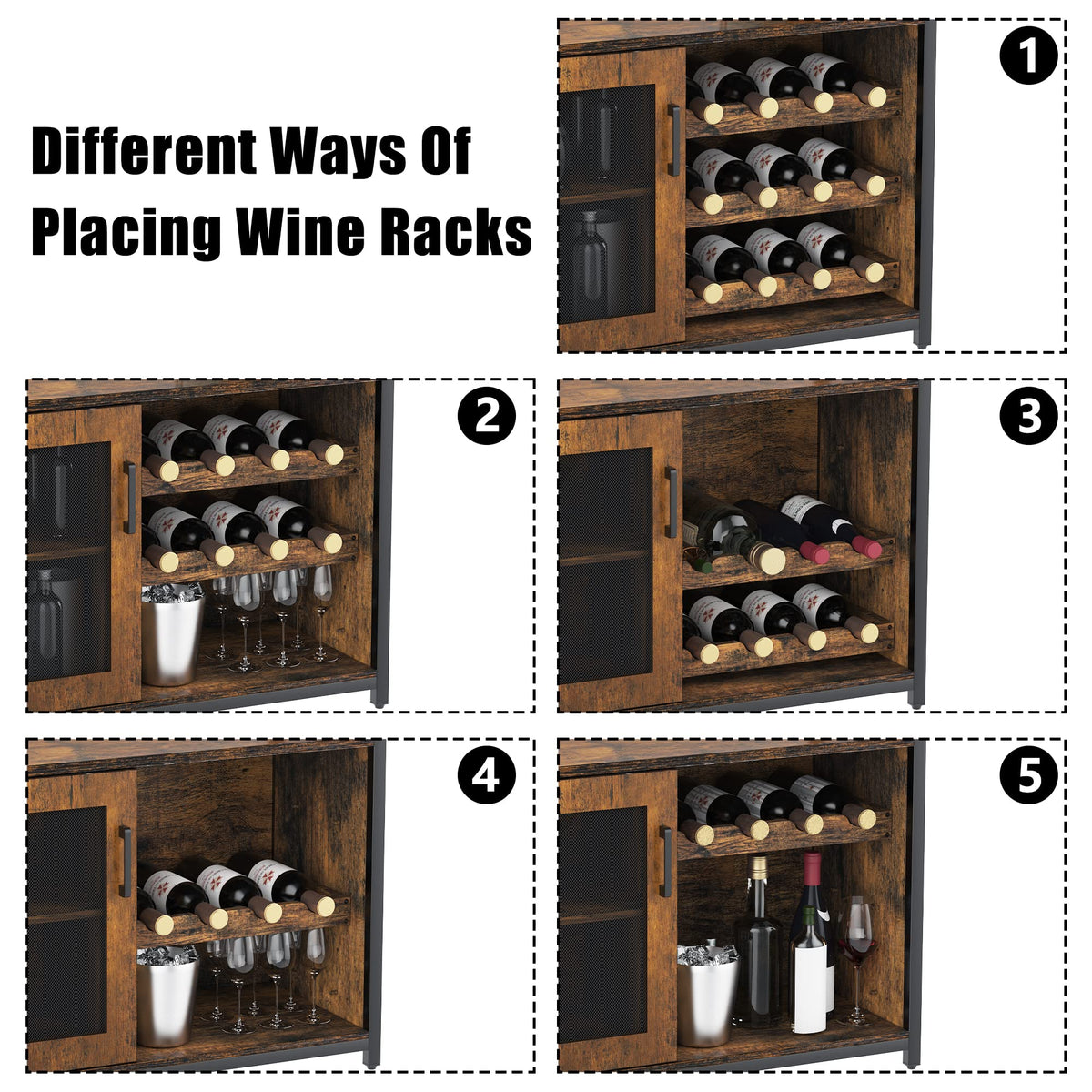Wine Bar Cabinet, 3-Tier Detachable Wine Rack, Stemware Glass Holder, Mesh Door & Storage Shelves, Liquor Storage Buffet Sideboard for Kitchen, Dining Room, Living Room or Home Bar - Black