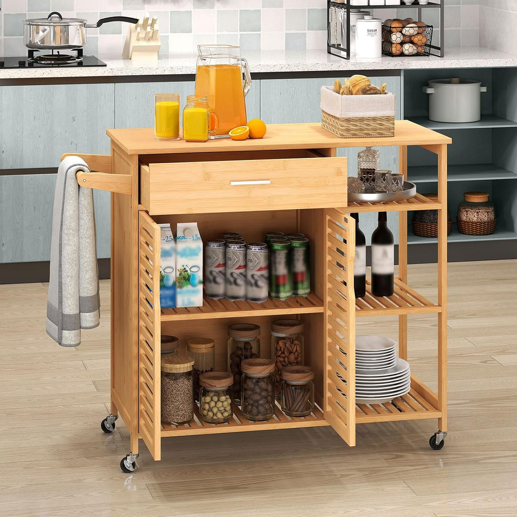 LOKO Mobile Bamboo Kitchen Island Cart, Rolling Storage Sideboard, Natural