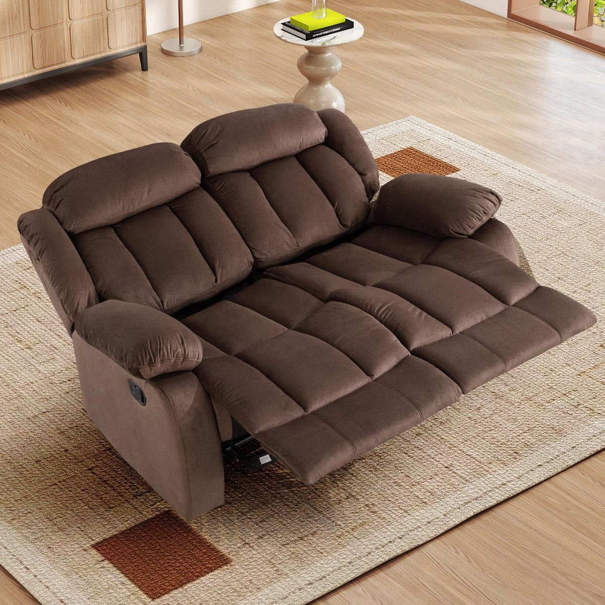 INZOY Manual Recliner Chair with Padded Armrest, Wall-Hugger Single Sofa Recliners with Overstuffed Back, Classical Fabric Reclining Chairs for Living Room Theater Seating, Brown
