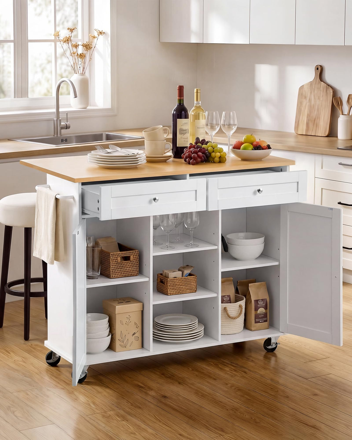 VEVOR Kitchen Island Cart with Storage, 42.28 in Wide Mobile Rolling Storage Island on Swivel Wheels, with Drawer, Storage Cabinet, Drop Leaf, Spice Rack, Table for Home Dining Room, White