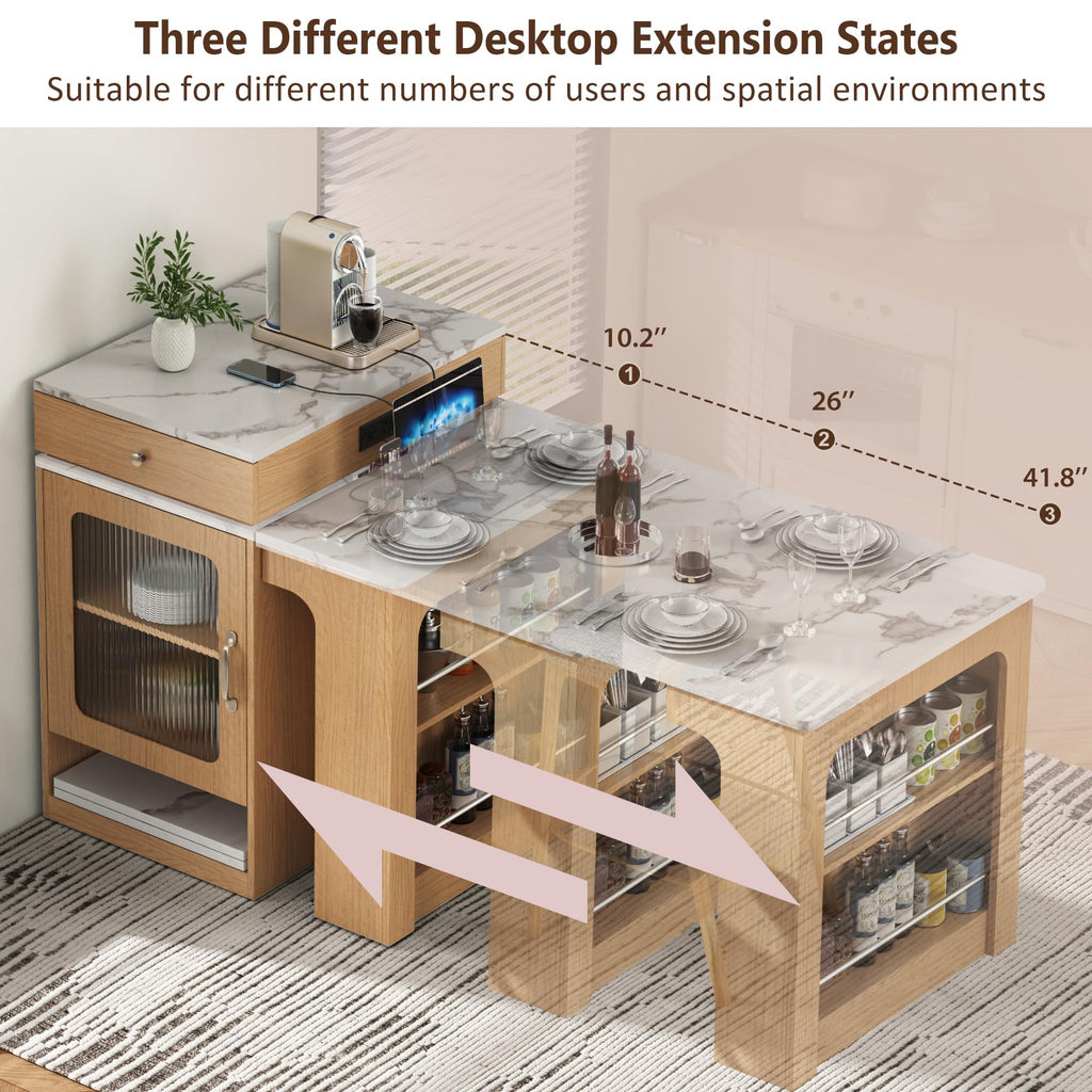 83" Extendable Kitchen Island with Drop Leaf Dining Table, Natural