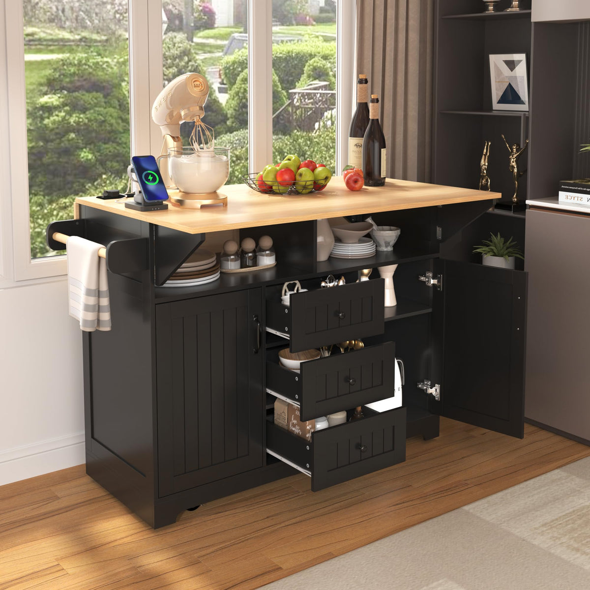 GDFStudio 55.7" Large Kitchen Island with 2 Drop Leaf,Rolling Kitchen Cart on 5 Wheels with Outlet, Folding Storage Dining Table with Spice & Towel Rack,3 Drawers,for Kitchen, Dining Room,White