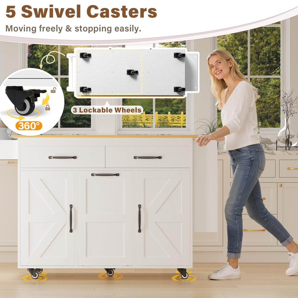YESHOMY Kitchen Island on Wheels with Trash Cabinet, White & Brown