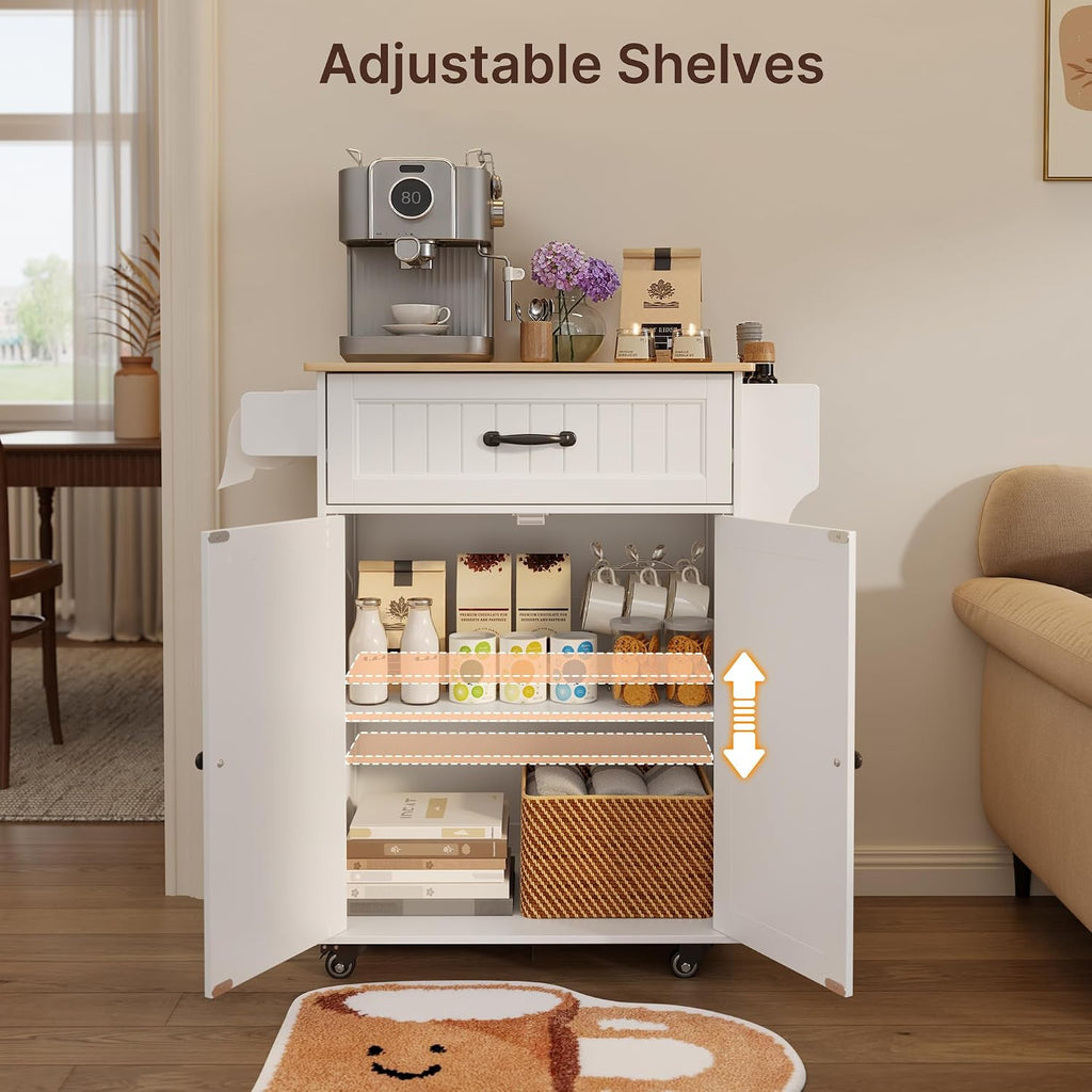 Gizoon Kitchen Island Cart with Adjustable Shelf, White, Tabletop-Oak Color