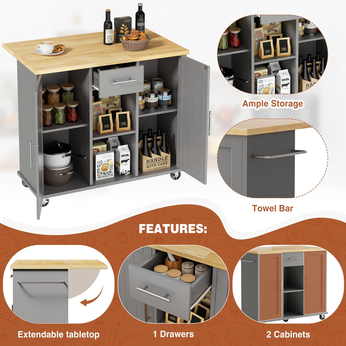JY QAQA 42" Rolling Kitchen Island Cart with Storage, Drop Leaf Countertop, Drawers & Towel Rack, Mobile Kitchen Table on Wheels for Kitchen Dining Room, White