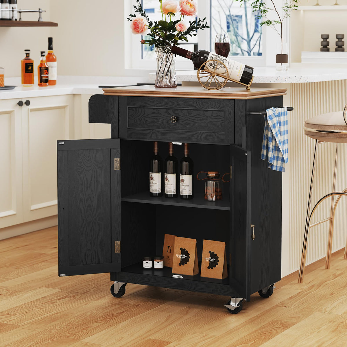 HLR 26'' Small Kitchen Island, Vintage Wood Kitchen Cart on Wheels, Blue