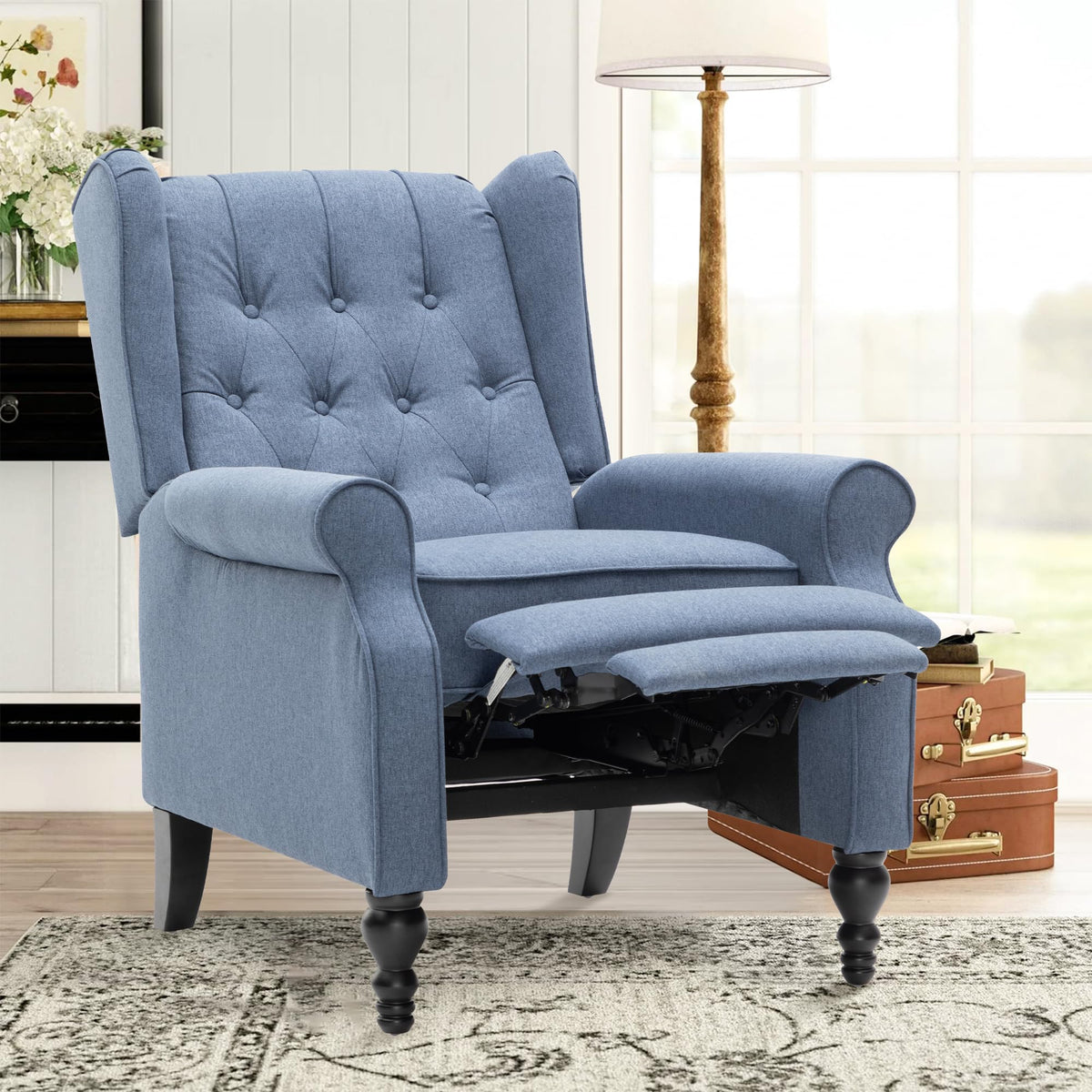 Mid Century Wingback Recliner Chair for Adults, Modern Linen Fabric Push Back Recliner Chairs with Button Tufted Upholstered Back & Footrest, Manual Recliner Chais for Living Room, Nursery, Gray