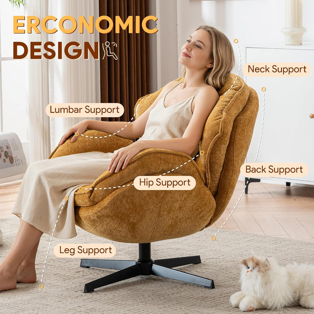 Swivel Accent Chair, Modern Recliner Lounge Chair with Metal Base Frame, Comfy Tufted Armchair for Living Room, Bedroom, Home Office, Brown