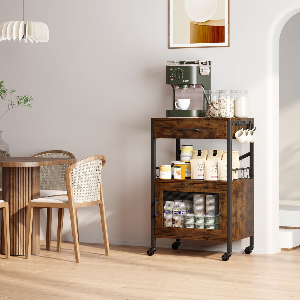 Homeiju Kitchen Island Cart, Kitchen Storage Cart with Drawer, Microwaves Stand, Coffee Cart, Rolling Kitchen Cabinet Cart with Hooks for Kitchen, Dining Room, White