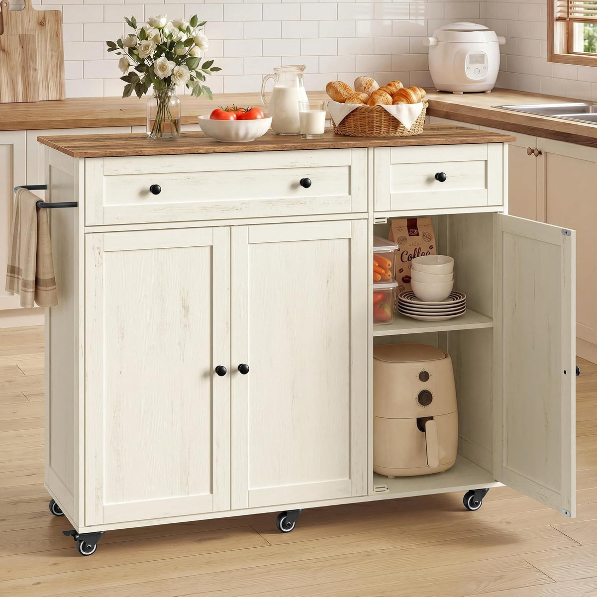 VASAGLE Mobile Kitchen Wooden Island Cart with Storage for Dining Room