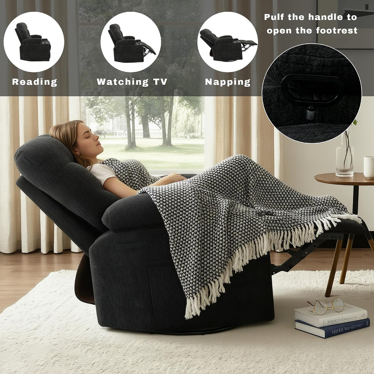 Swivel Rocker Recliner Chair,Recliner Single Sofa with Cup Holders, Manual Nursery Rocking Chair with Side Pockets, Modern Upholstered Recliner for Living Room,Apartment,Home Theater(Black)
