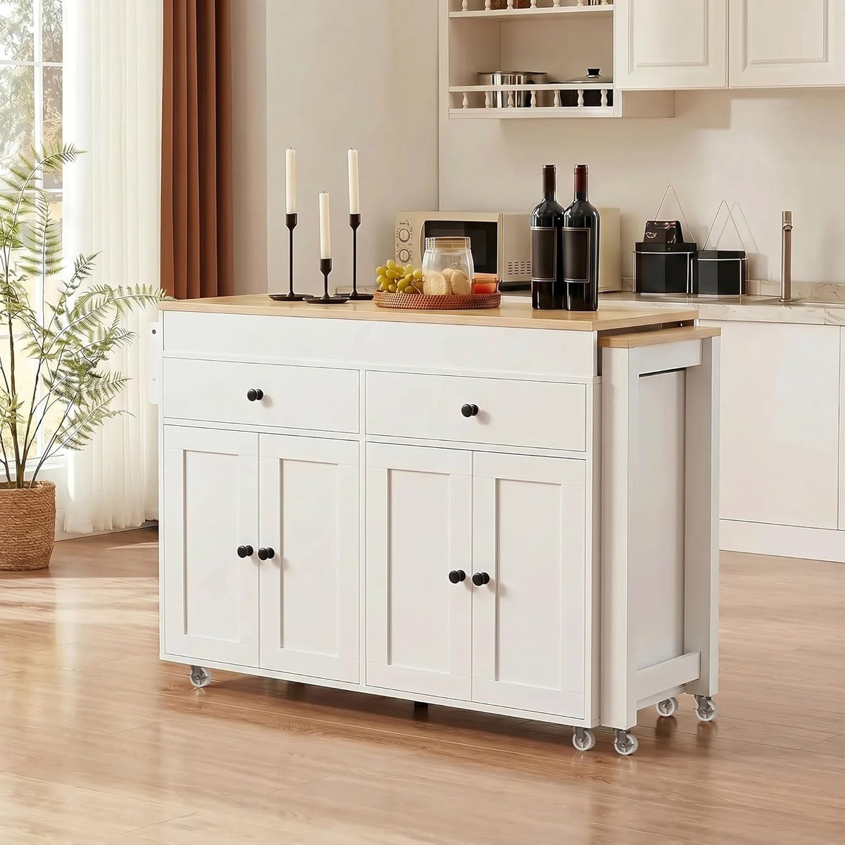 Merax 74.5" Kitchen Island with Extendable Dining Table, Rolling Kitchen Storage Cart on Wheels with Spice Rack & 2 Drawers & 4 Door Cabinet for Dining Room, White