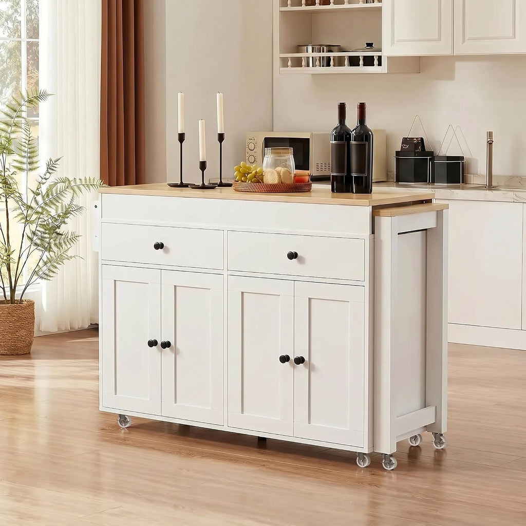 Merax 74.5" Kitchen Island with Extendable Dining Table, Rolling Kitchen Storage Cart on Wheels with Spice Rack & 2 Drawers & 4 Door Cabinet for Dining Room, White
