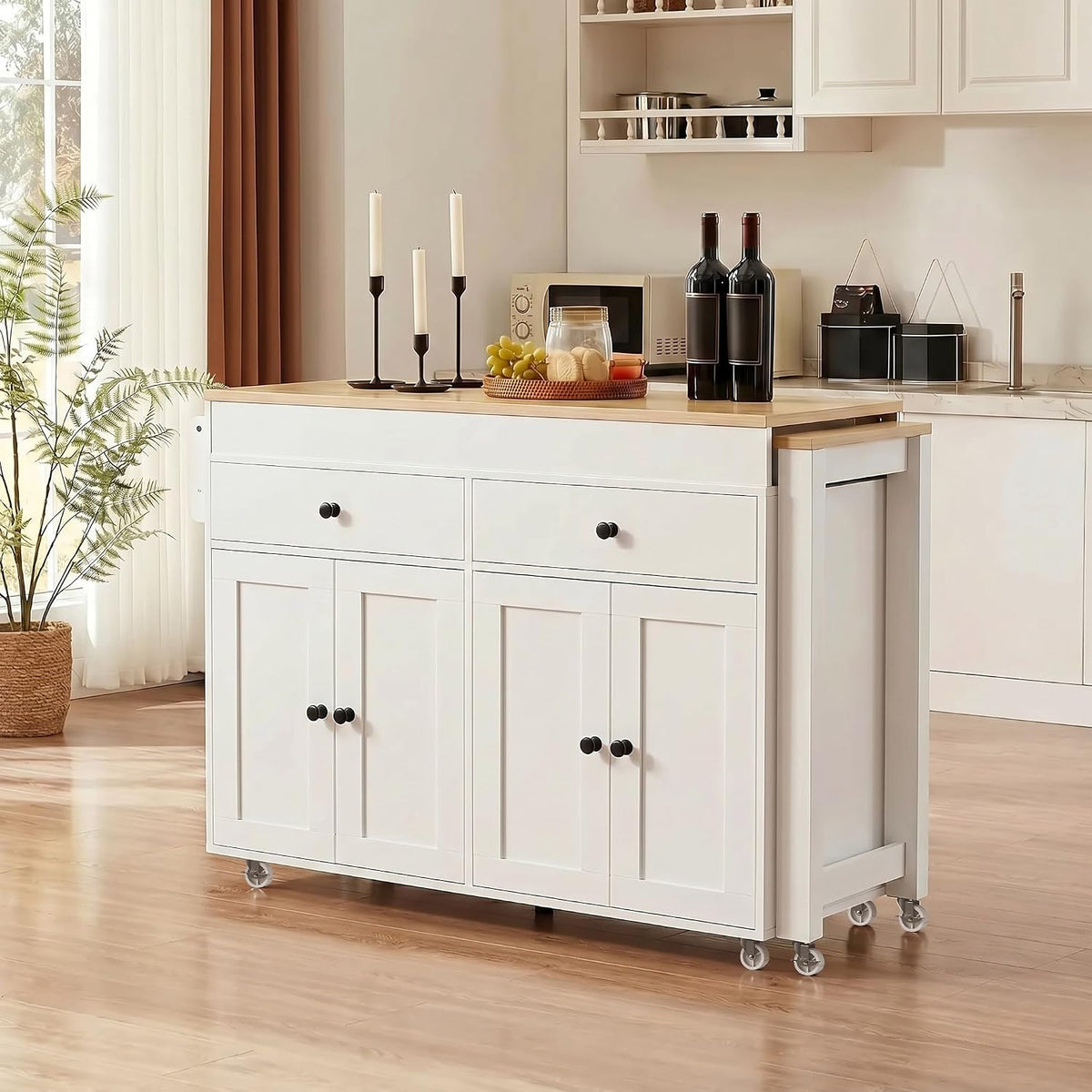 Merax 74.5" Kitchen Island with Extendable Dining Table, Rolling Kitchen Storage Cart on Wheels with Spice Rack & 2 Drawers & 4 Door Cabinet for Dining Room, White