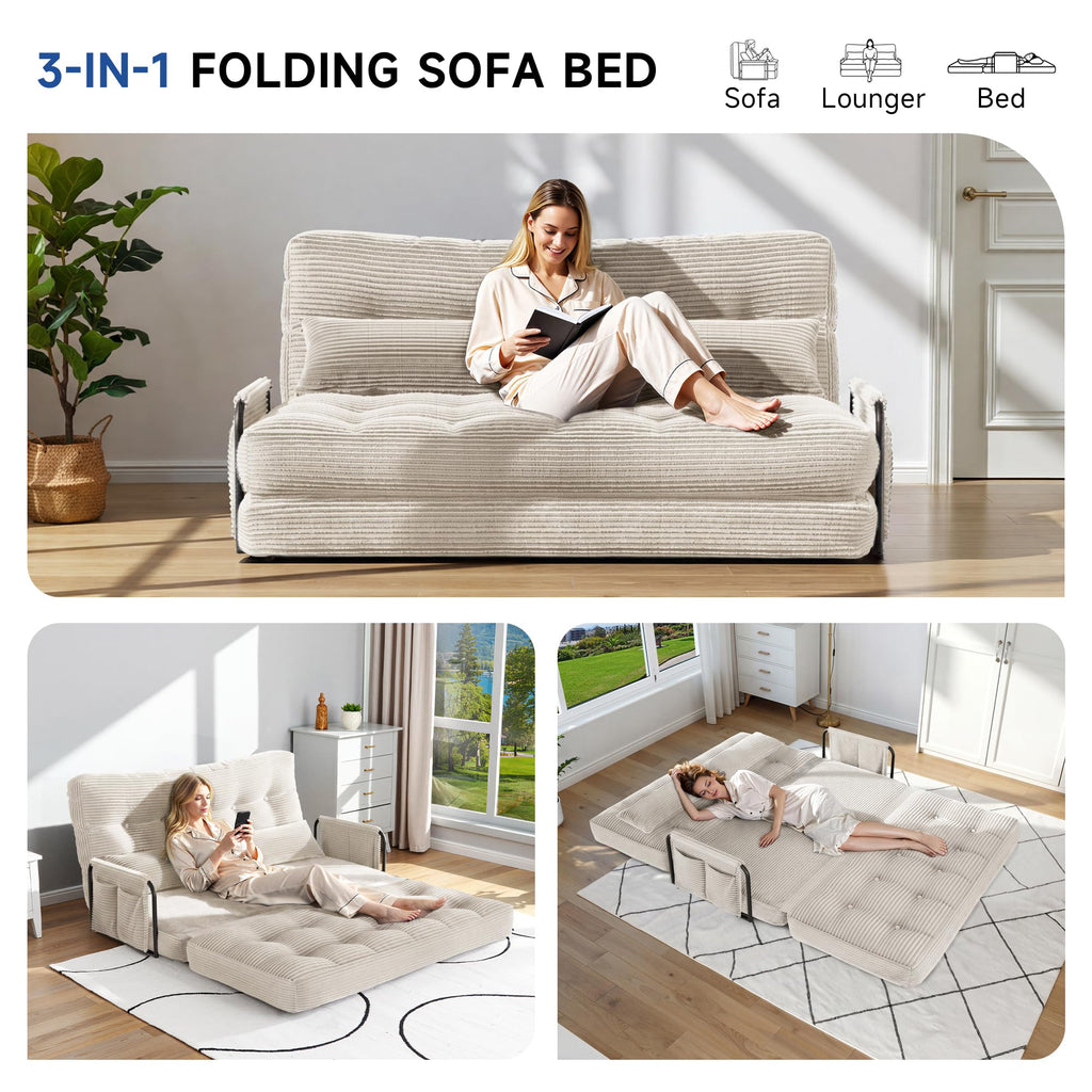 3-in-1 Folding Sofa Bed,Convertible Sleeper Chair with Armrests & Adjustable Backrest,Corduroy Futon Couch Floor Sofa Lounge with Pillow for Living Room Bedroom,Double,Dark Gray