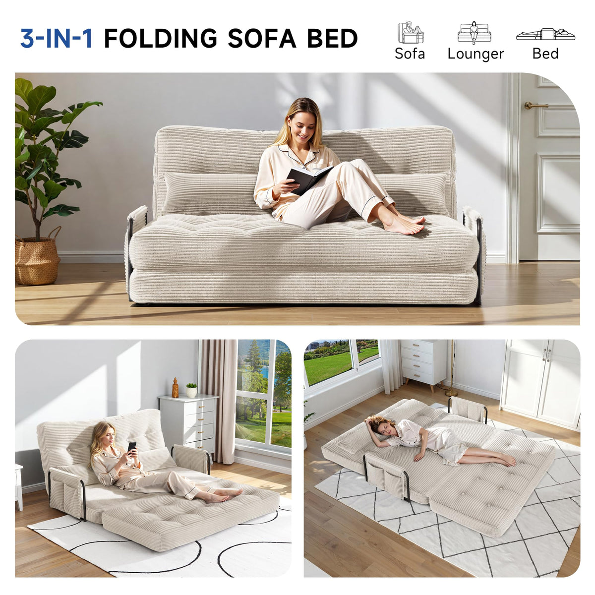 3-in-1 Folding Sofa Bed,Convertible Sleeper Chair with Armrests & Adjustable Backrest,Corduroy Futon Couch Floor Sofa Lounge with Pillow for Living Room Bedroom,Double,Dark Gray