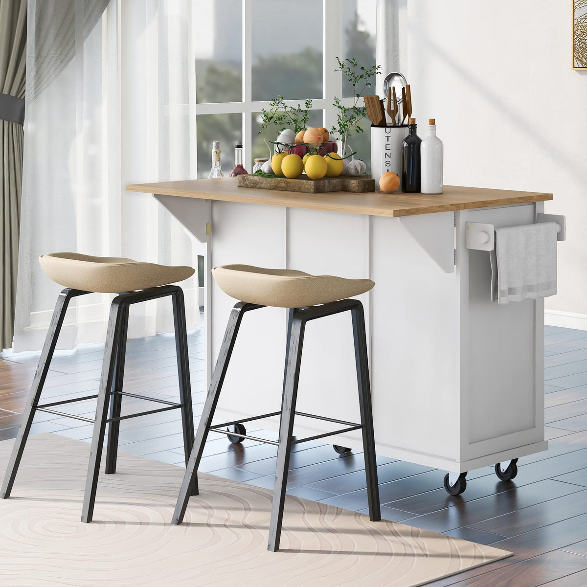 Ball & Cast Farmhouse Kitchen Island with Power Outlet,Dining Storage Island with Drop Leaf,Spice Rack and Drawer,Rolling Dining Cart on Wheels for Home,Kitchen,Dining Room,White,54"