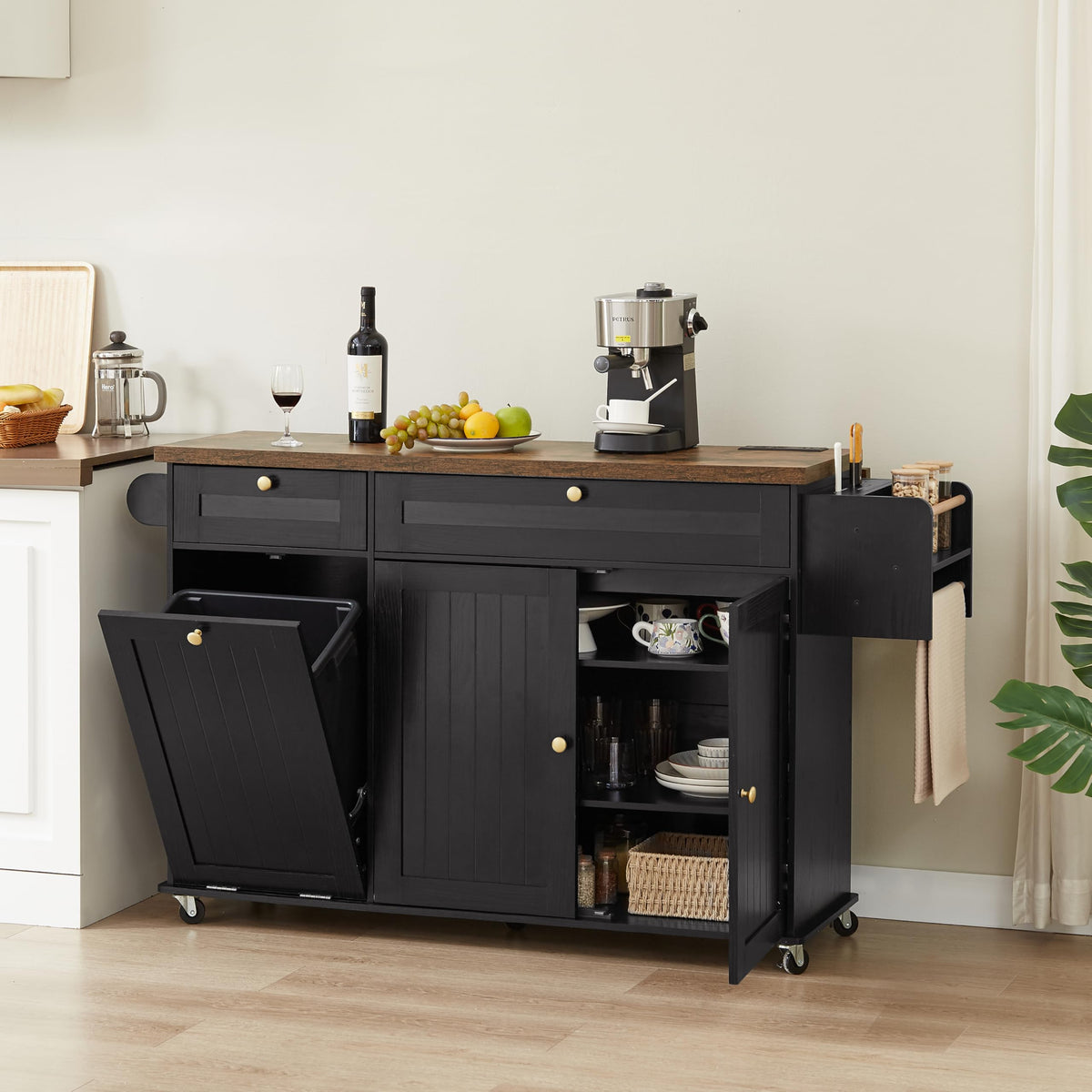 ONBRILL 60" Kitchen Island with Trash Can Storage, Rolling Island Table