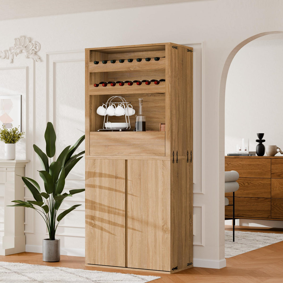 Liquor Cabinet with Wine Rack & Stemmed Holder & Drawer, Walnut