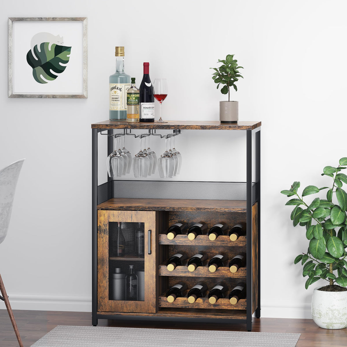 Jojoka 3 Tier Wine Bar Cabinet with LED Lights, Adjustable Storage, Liquor Rack, Glass Holder, Mesh Door, Multi Functional Coffee Bar Sideboard Buffet for Home, Dining Room
