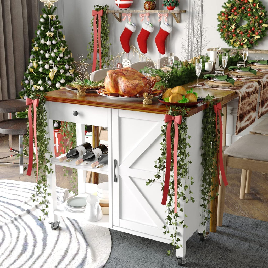 Small Kitchen Island Cart on Wheels with 31.4'' Wood Tabletop, White