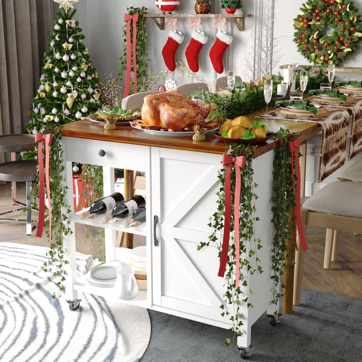 Small Kitchen Island Cart on Wheels with 31.4'' Wood Tabletop, White