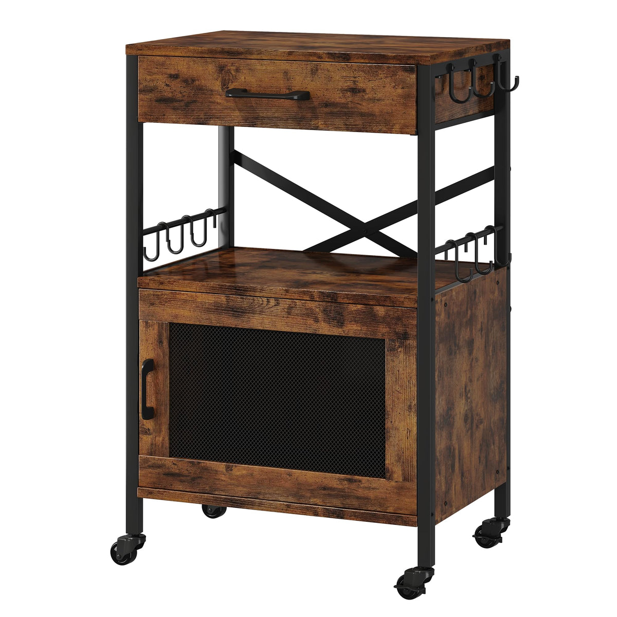 Homeiju Kitchen Island Cart, Kitchen Storage Cart with Drawer, Microwaves Stand, Coffee Cart, Rolling Kitchen Cabinet Cart with Hooks for Kitchen, Dining Room, White