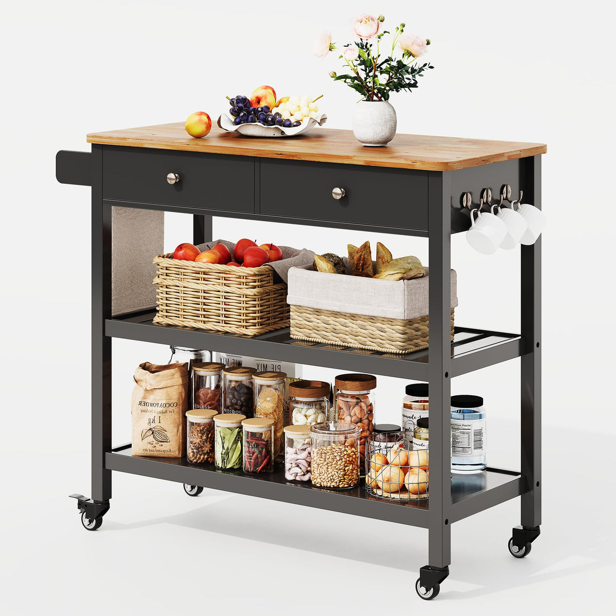 Gizoon Kitchen Island Cart with Storage and 40ââ Wooden Top, Black