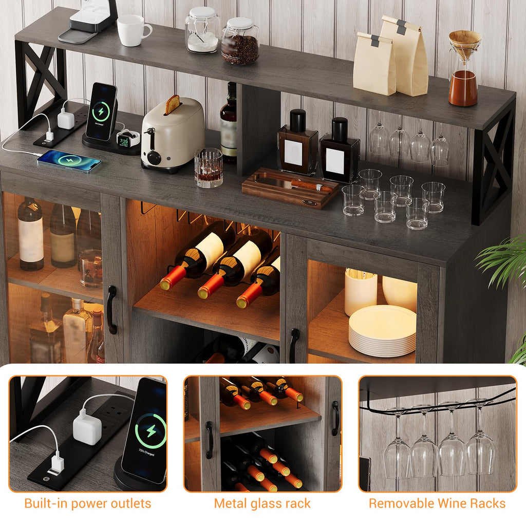 Garvee Wine Cabinet with LED Light, Bar Cabinet with Wine Rack, Glass Holder, and Power Outlets, for Living Room Dining Room, Black