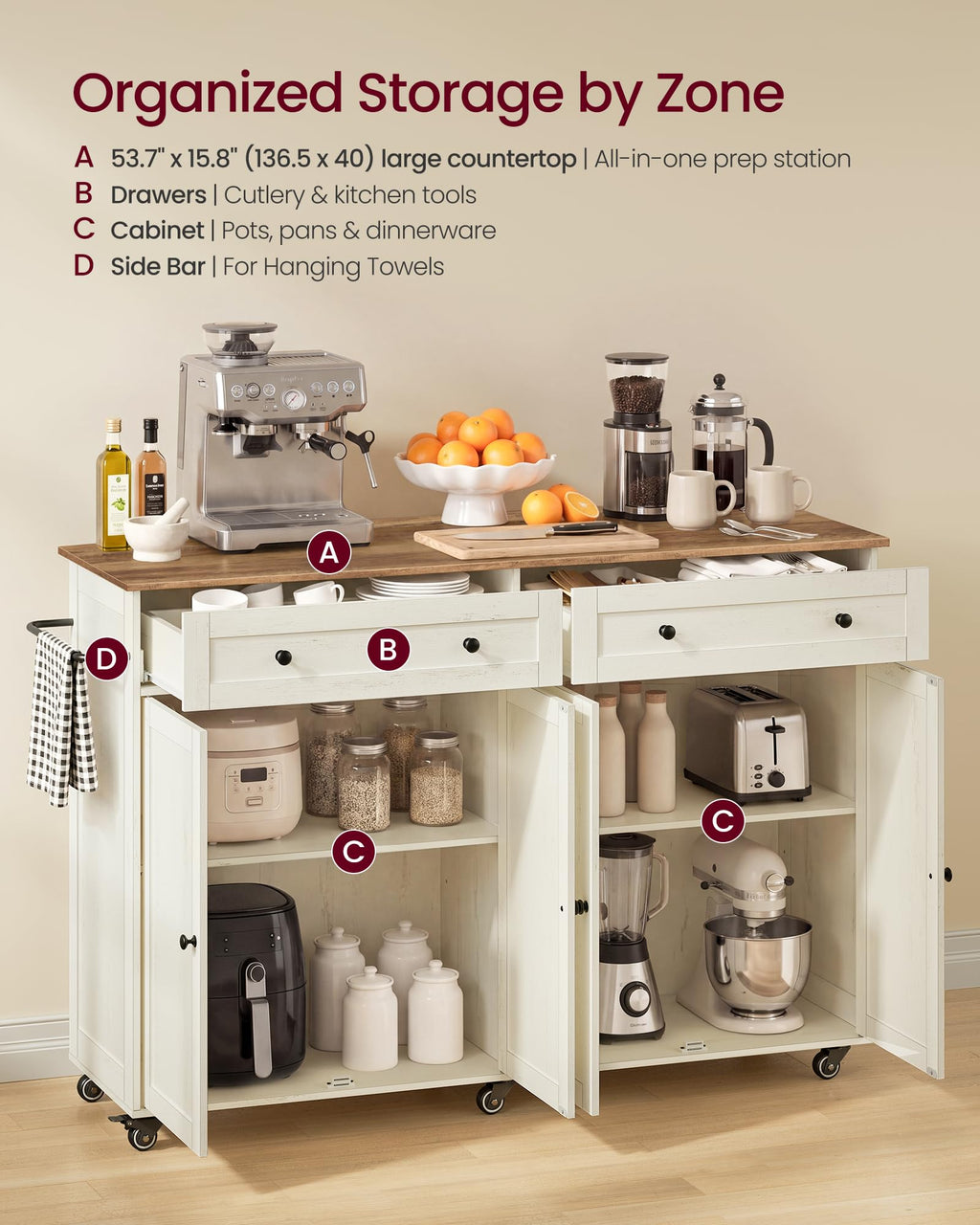 VASAGLE Mobile Kitchen Wooden Island Cart with Storage for Dining Room