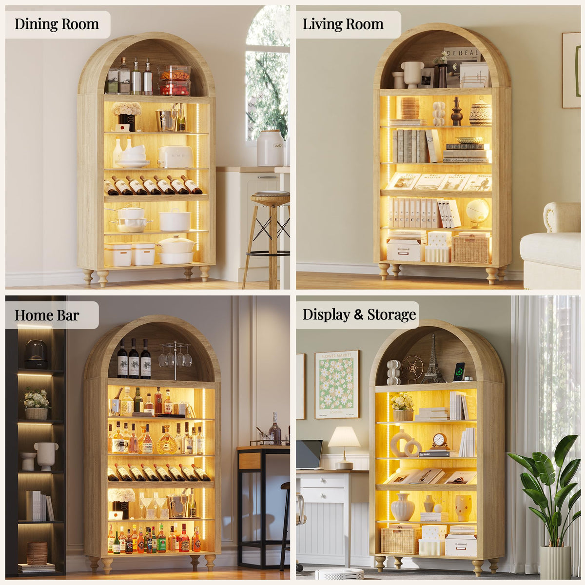 71" Tall Arched Wine Bar Cabinet with Wine Racks & Glass Holder, Wide Liquor Cabinets with LED Lights & Charing Ports, Kitchen Pantry Cupboard, Coffee Bar Storage Cabinet for Home, Dining Room (Oak)