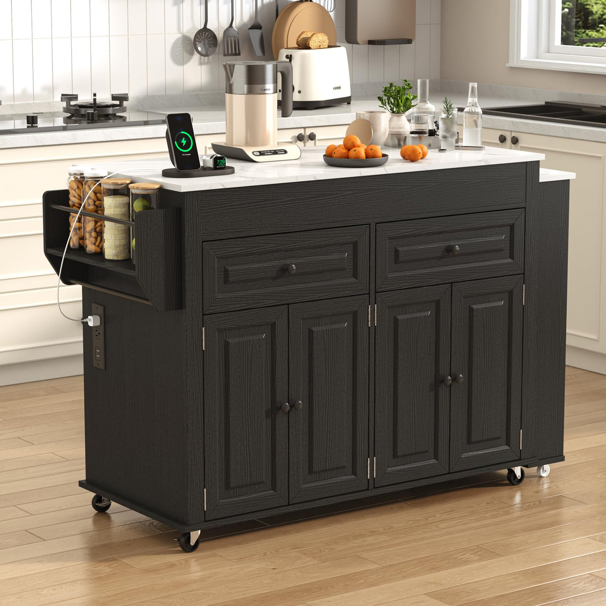 80"-48" Extendable Kitchen Island with Extended Dining Table and Power Outlet,Large Mobile Kitchen Storage Islands with 2 Storage Drawers,Rolling Islands Cart with 3 Extra Rows Open Shelves(Brown)